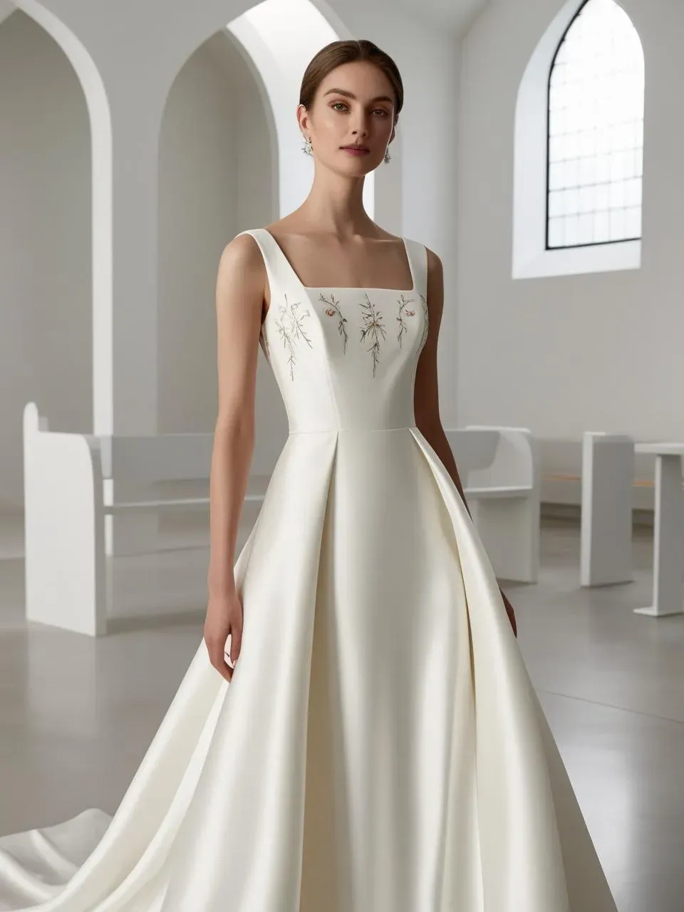 Bride wearing an elegant wedding gown with an open square neckline highlighting her collarbones