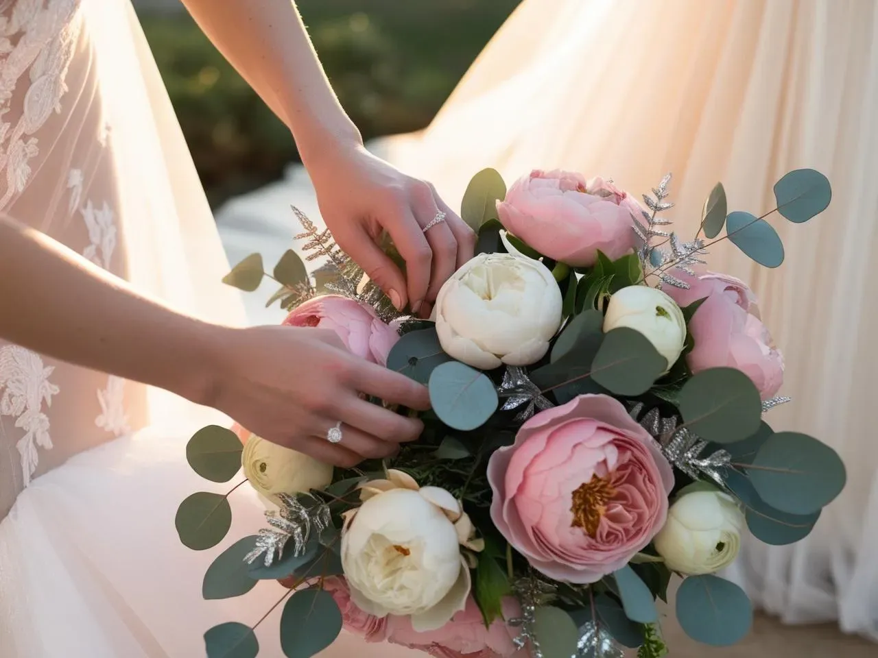 Bride arranging roses, peonies, and eucalyptus for a DIY bridal bouquet