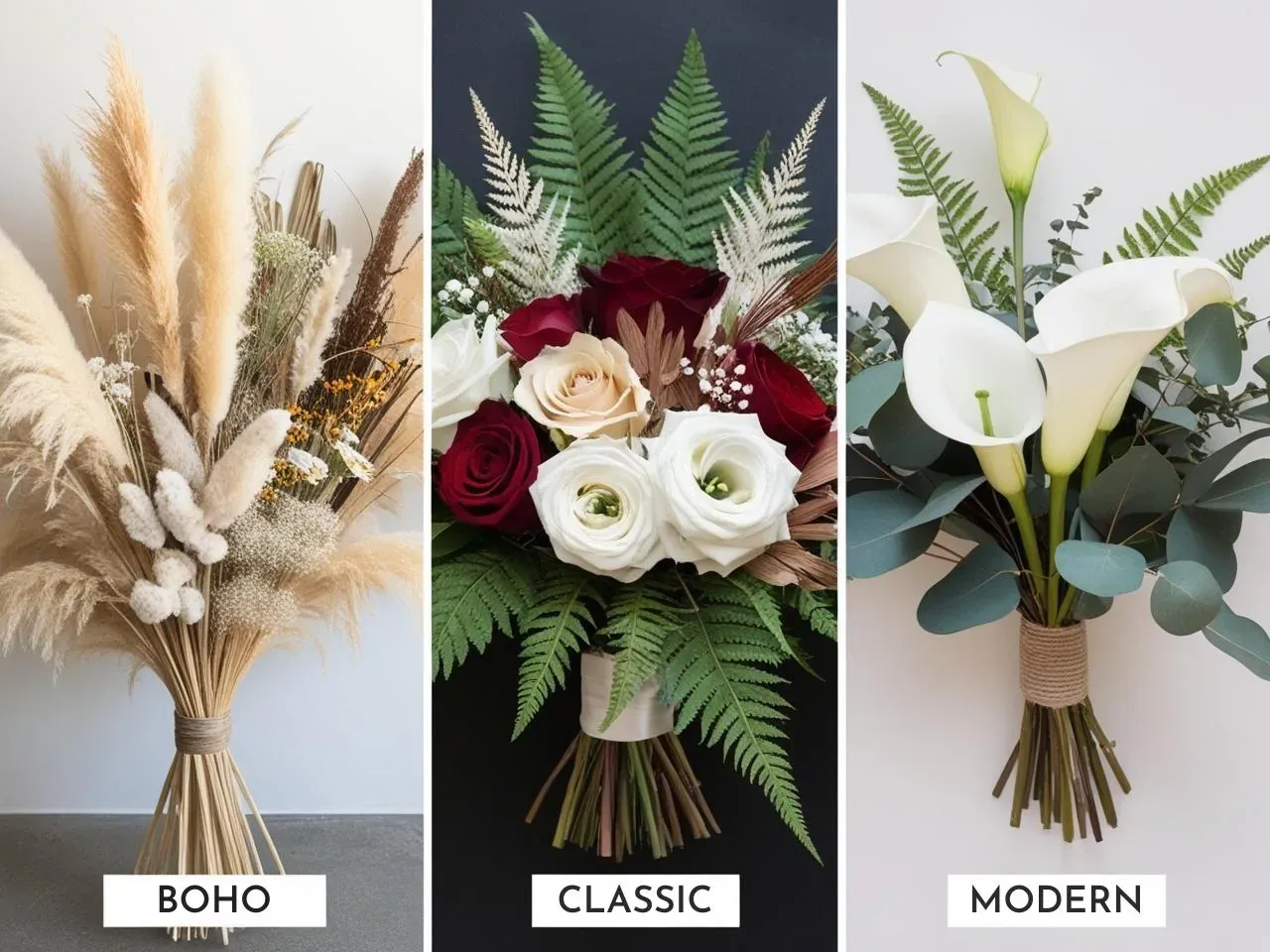 Three DIY bridal bouquets in classic white, bohemian wildflower, and rustic themes
