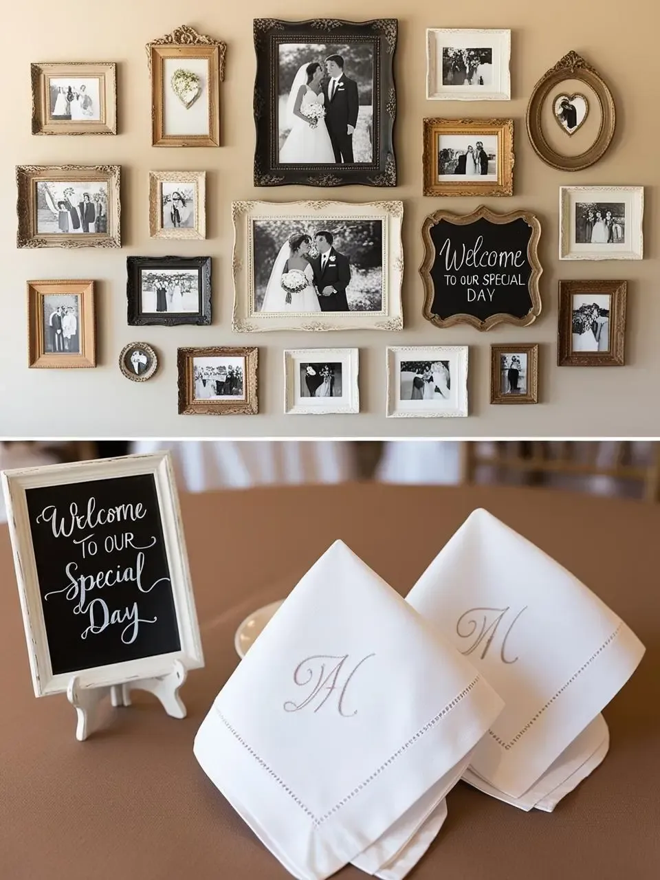 A heartfelt display of personalized wedding décor, including a gallery wall of black-and-white photos, a handwritten chalkboard sign, and napkins embroidered with the couple’s initials.