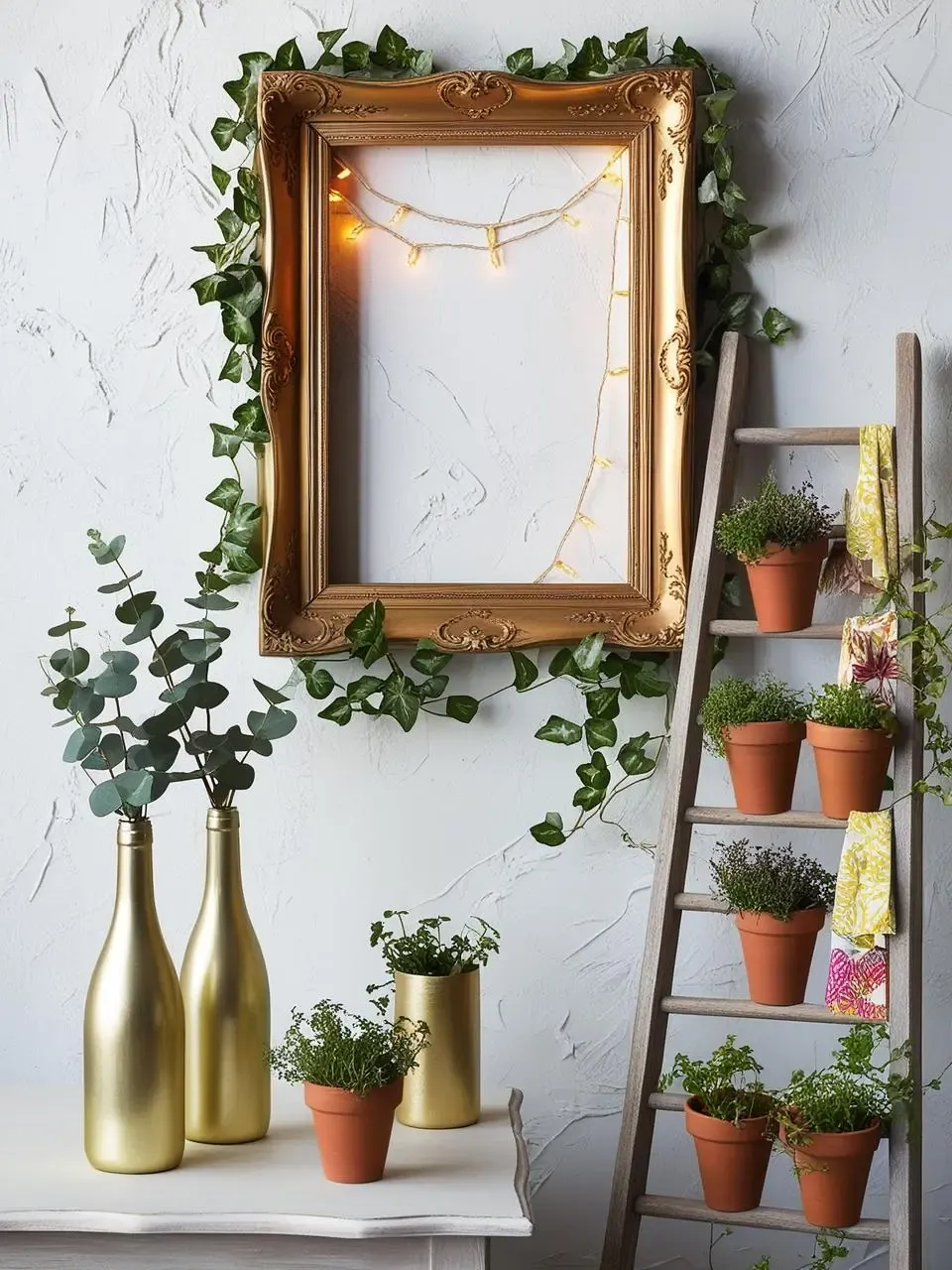A styled vignette featuring repurposed items like gold-painted wine bottles as vases, an ornate picture frame decorated with greenery, and a wooden ladder adorned with fabric and plants.