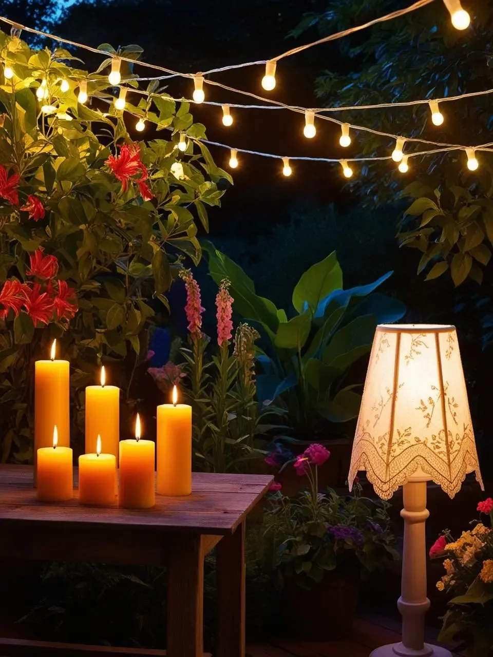 An outdoor evening scene illuminated by creative lighting, featuring string lights above a garden, pillar candles of varying heights on a wooden table, and a lace-covered lampshade glowing softly.