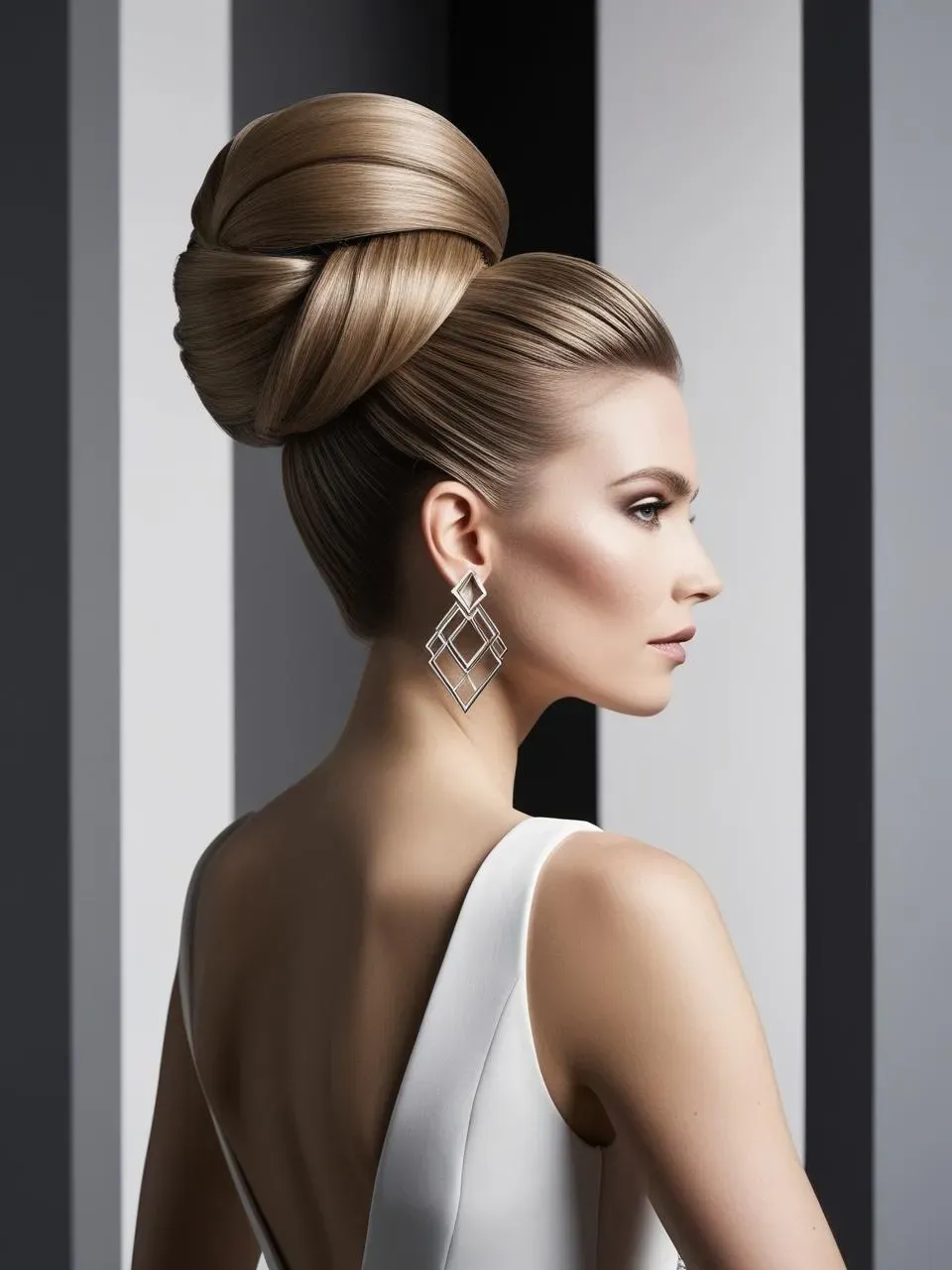 Sleek high bridal bun secured at the crown with a smooth architectural finish