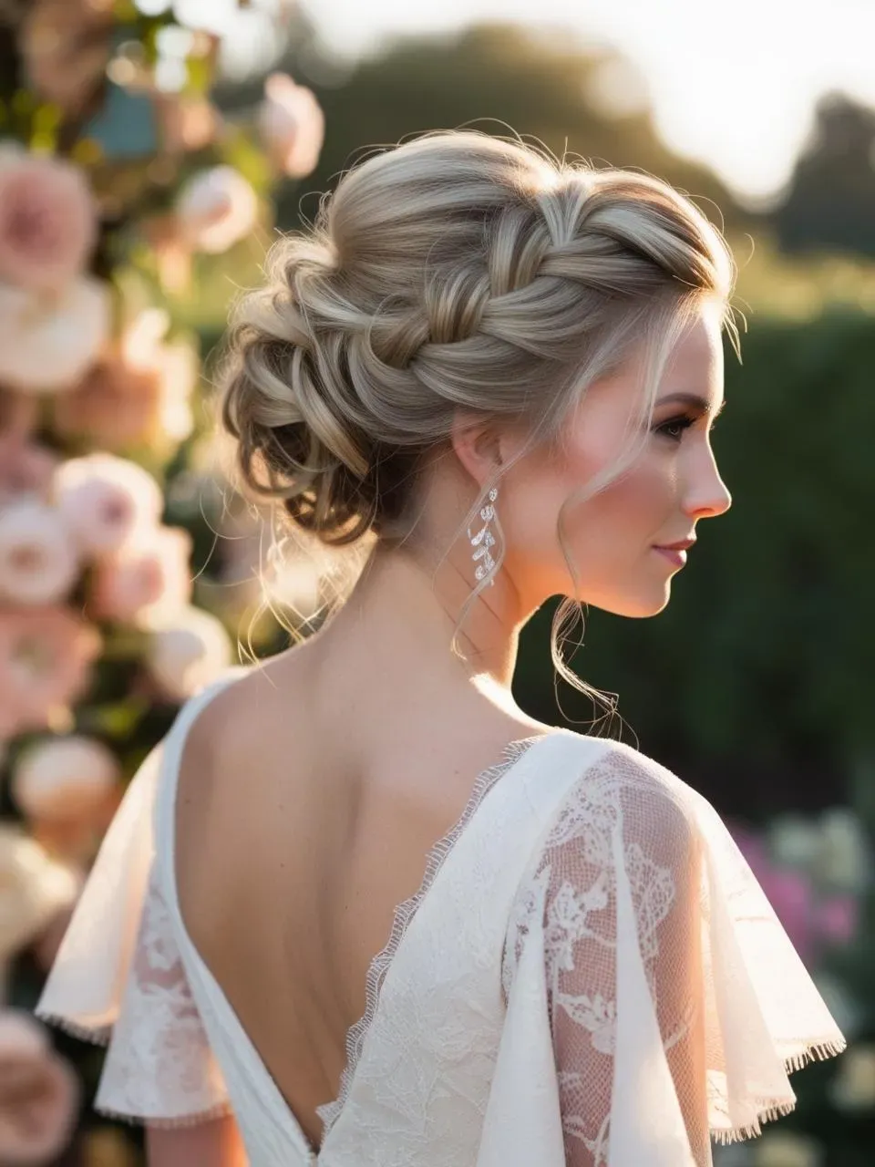 Romantic twisted bridal updo with soft volume at the crown and loose framing strands