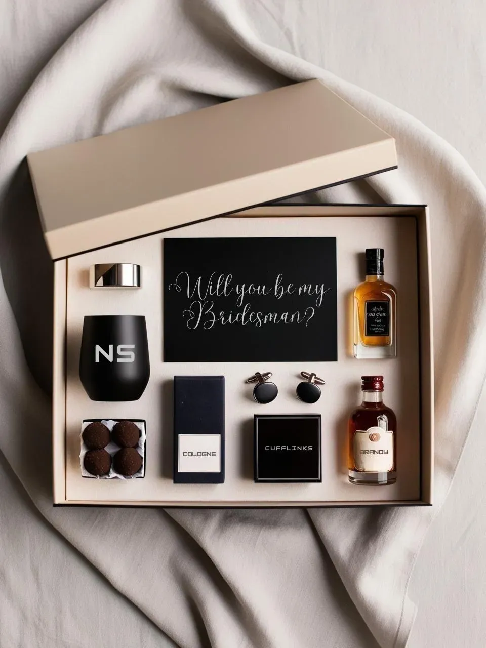 Curated bridesman proposal gift box with custom drinkware, tie, grooming items, and a masculine ask card