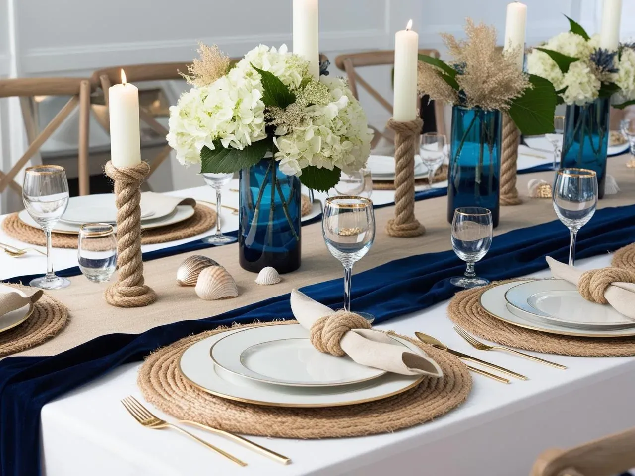 Coastal luxury wedding table design with woven seagrass charger plates, gauze table runners, and delicate blue glass bud vases