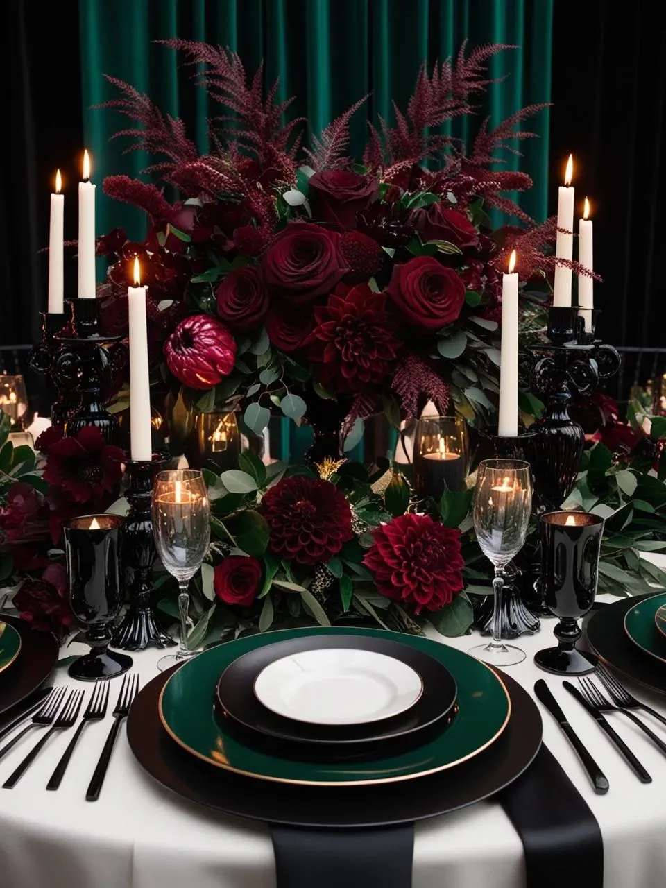 Deep emerald green with rich burgundy and bold black accents