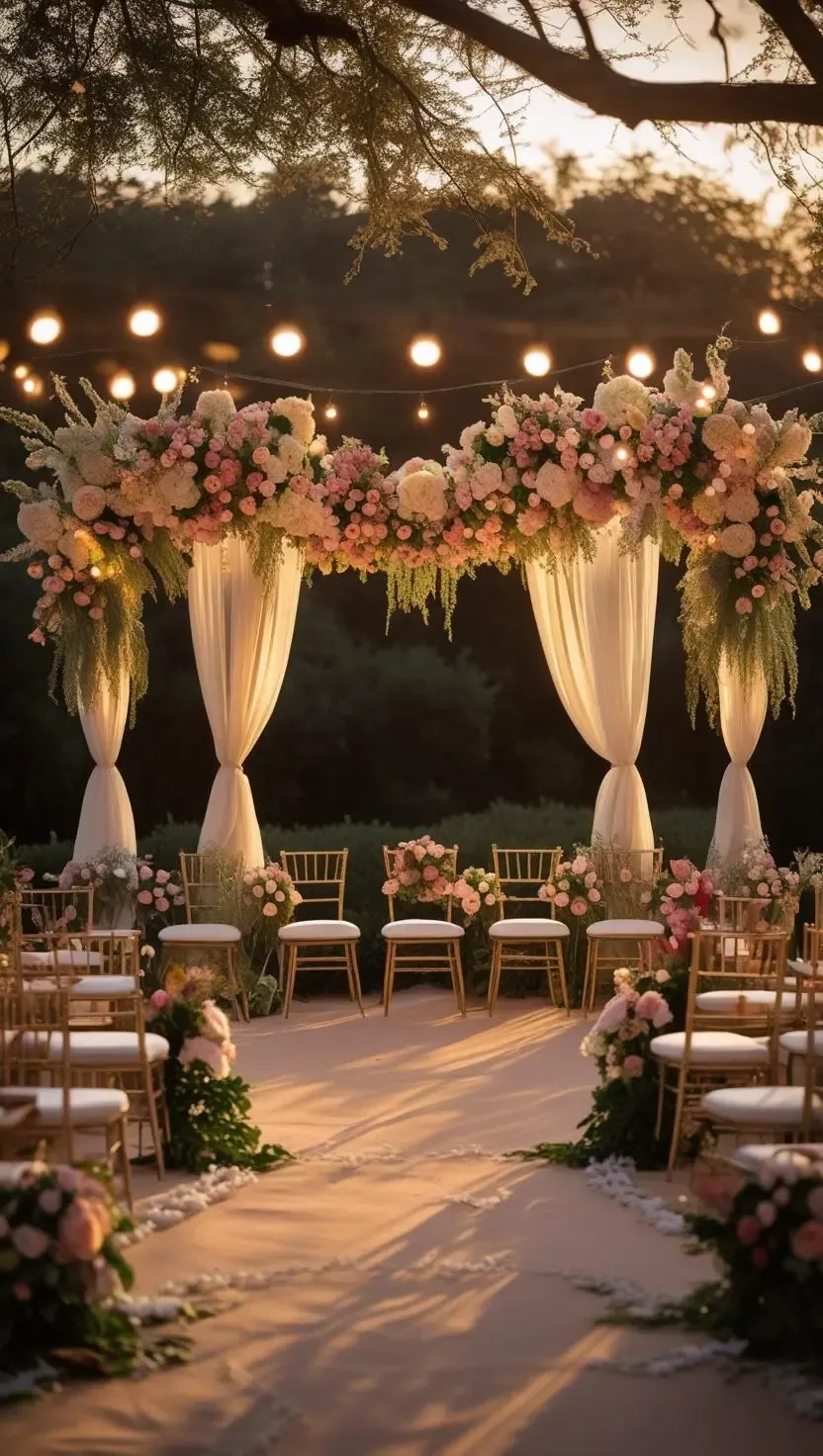 Outdoor wedding ceremony, decorated with seasonal flowers and fairy lights, bathed in warm golden hour light.
