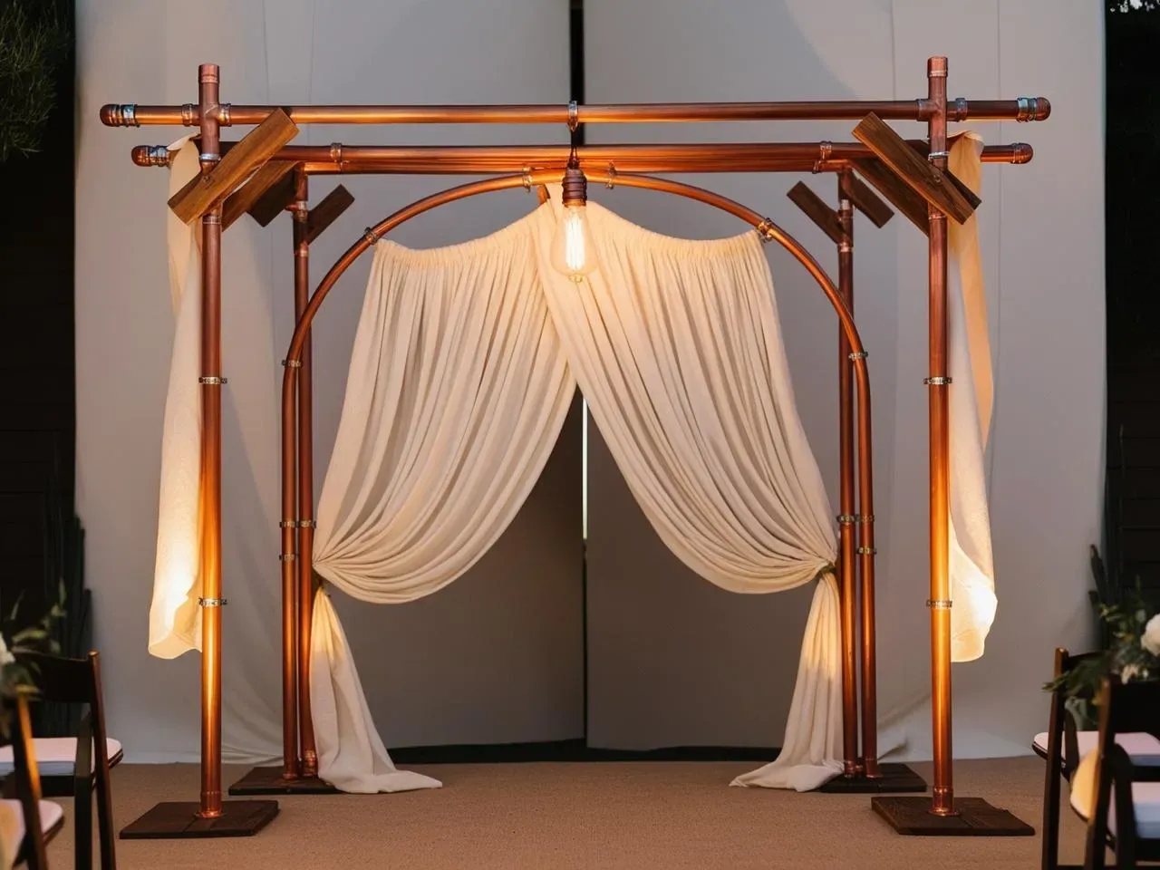 Industrial chic wedding ceremony setup with exposed brick walls, warm Edison bulb light drops, and a minimalist copper pipe arch
