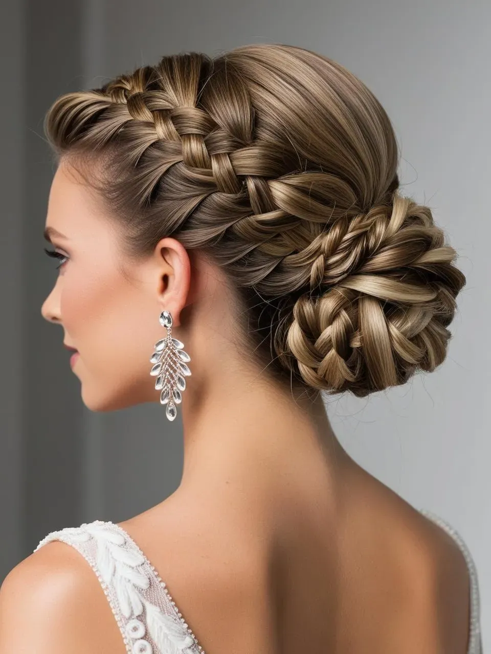 Intricate braided bridal updo with multi-strand twists feeding into a dimensional bun
