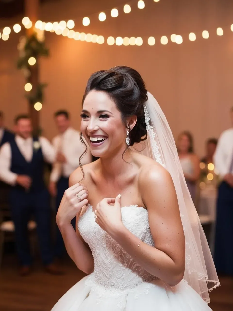 Bride wearing an elegant bridal updo and wedding dress smiling during ceremony preparations