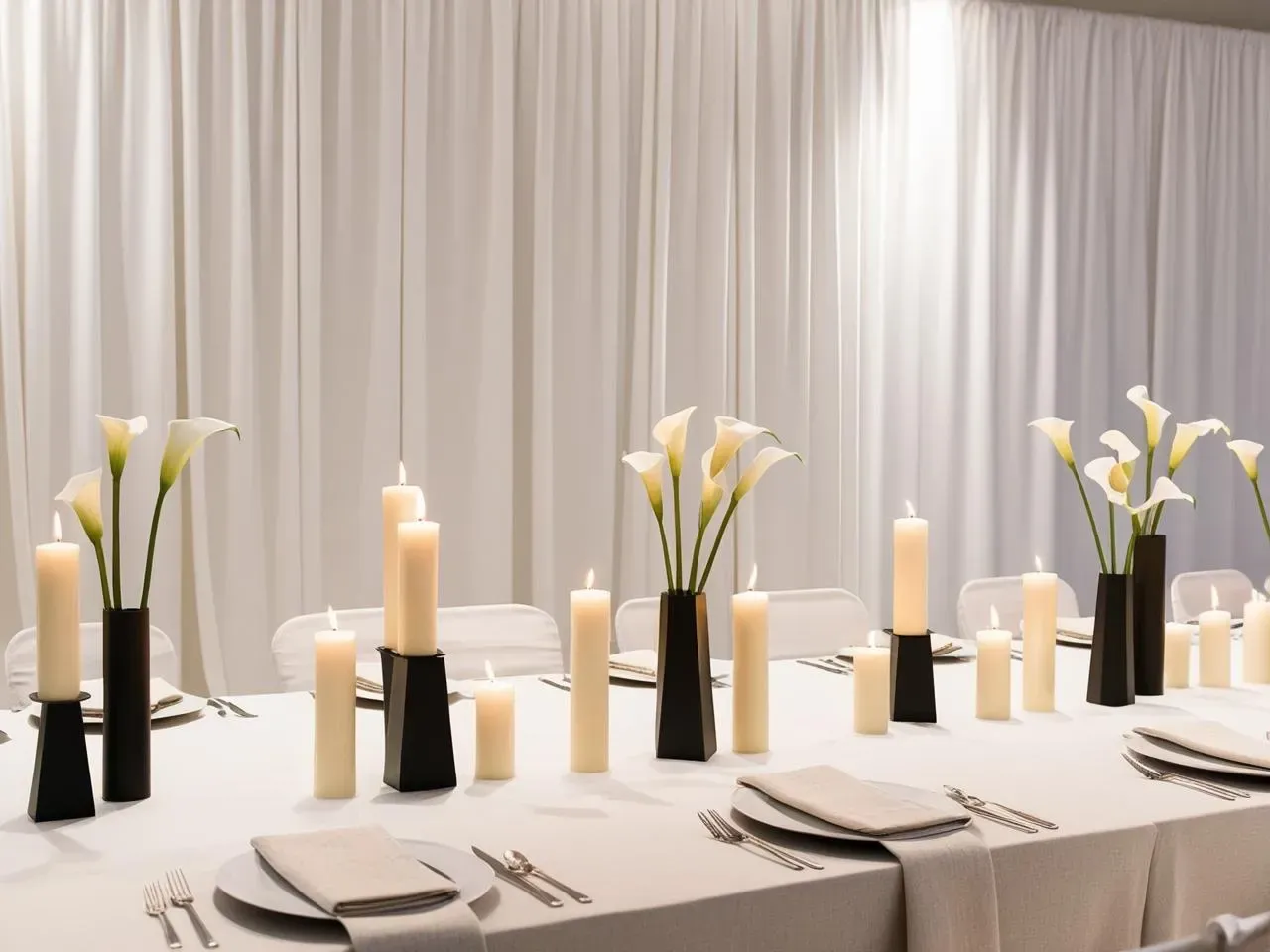 Modern minimalist wedding reception table setting featuring monochromatic ivory linens, glass cylinder pillar candles, and single-stem white blooms