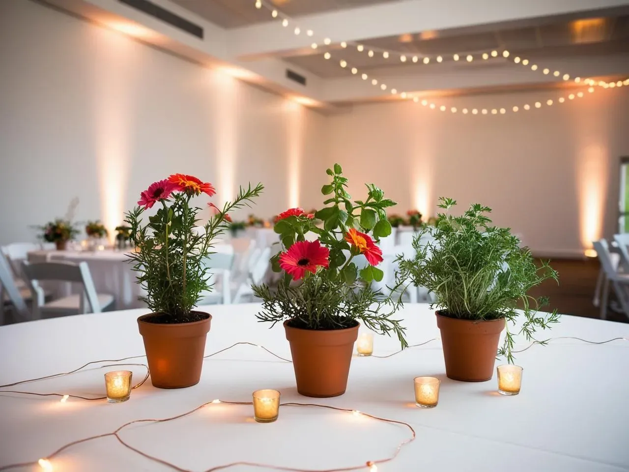 Romantic garden wedding reception with cascading greenery garlands, fairy lights, and potted botanical centerpieces