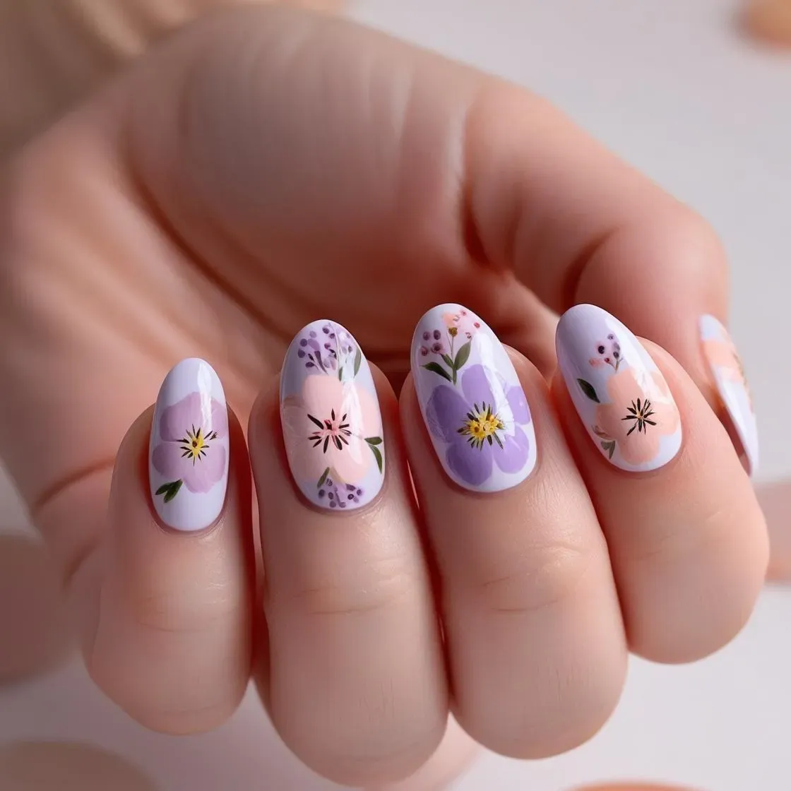 Shorter oval-shaped nails hand-painted floral designs in pastel shades of pink, lavender and peach