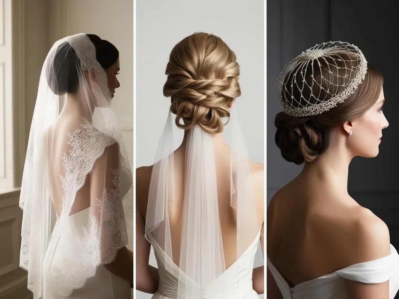 Three bridal updo profiles demonstrating veil placement above, below, and integrated into the bun