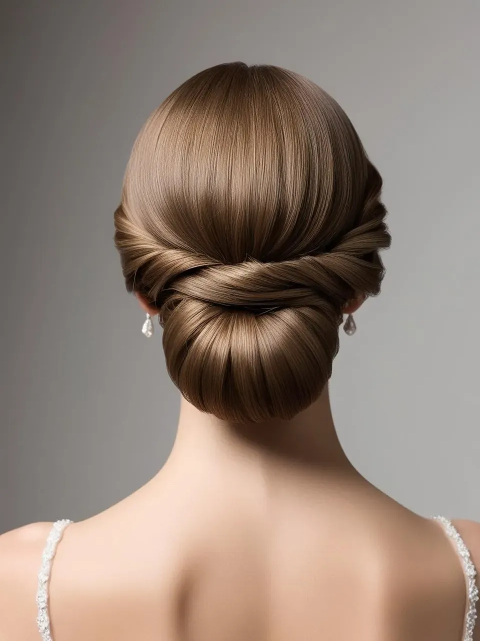 Classic low chignon bridal hairstyle positioned at the nape of the neck