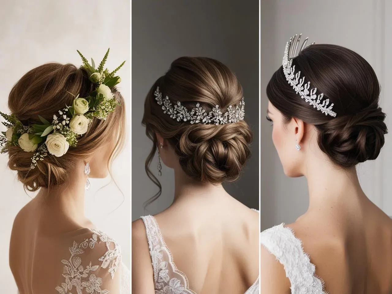 Side-by-side comparison of bridal updos styled with floral pins, a crystal comb, and a hair vine