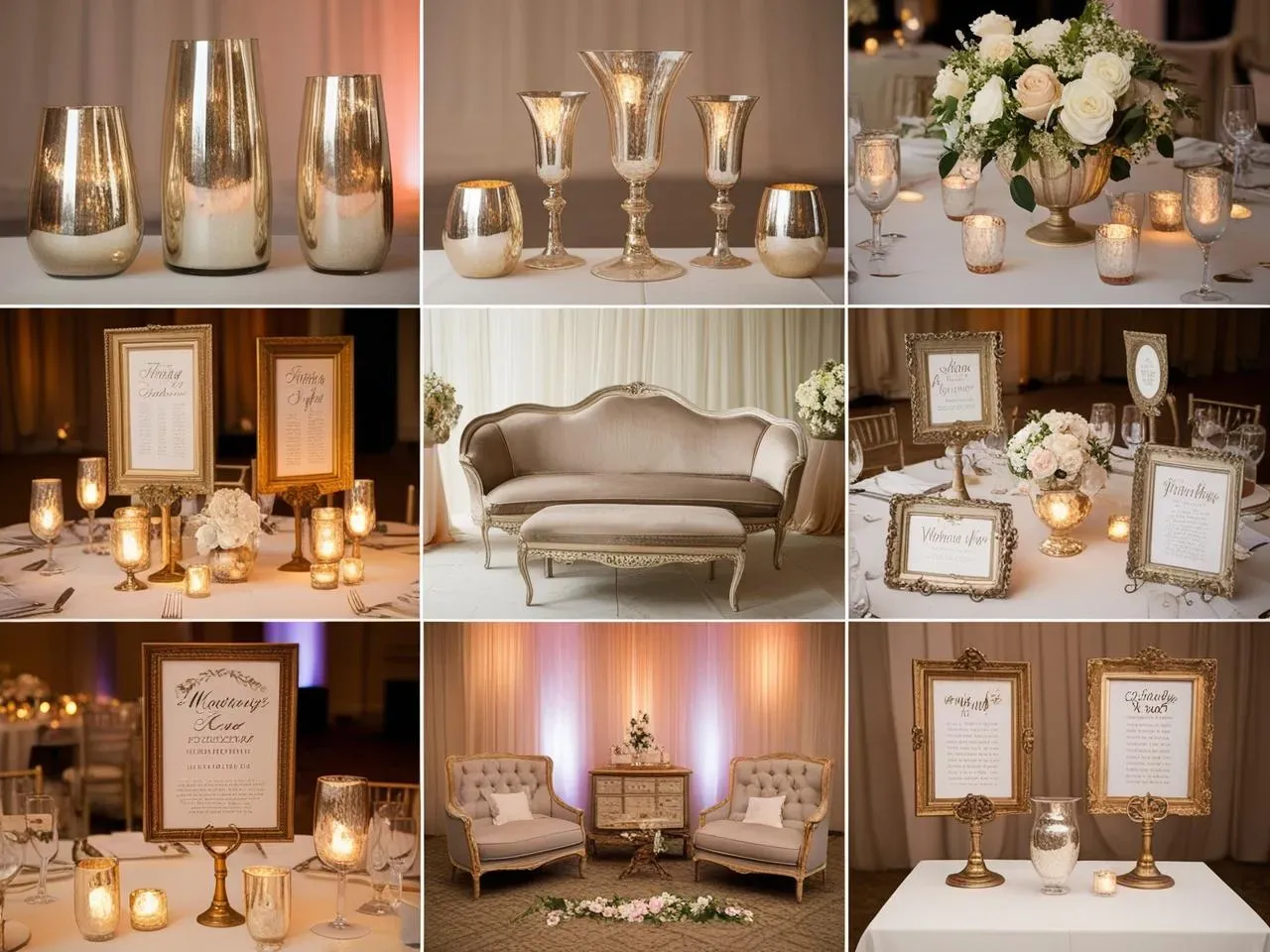 Vintage glamour wedding tablescape with ornate thrifted brass candlesticks, mercury glass votives, and rich velvet table runners