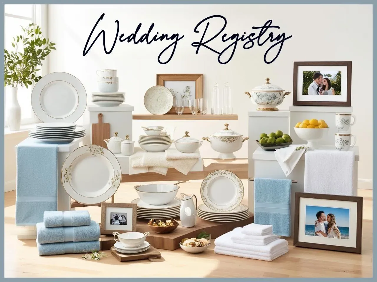 A curated selection of wedding registry gifts arranged on a table, including homeware and kitchen essentials.