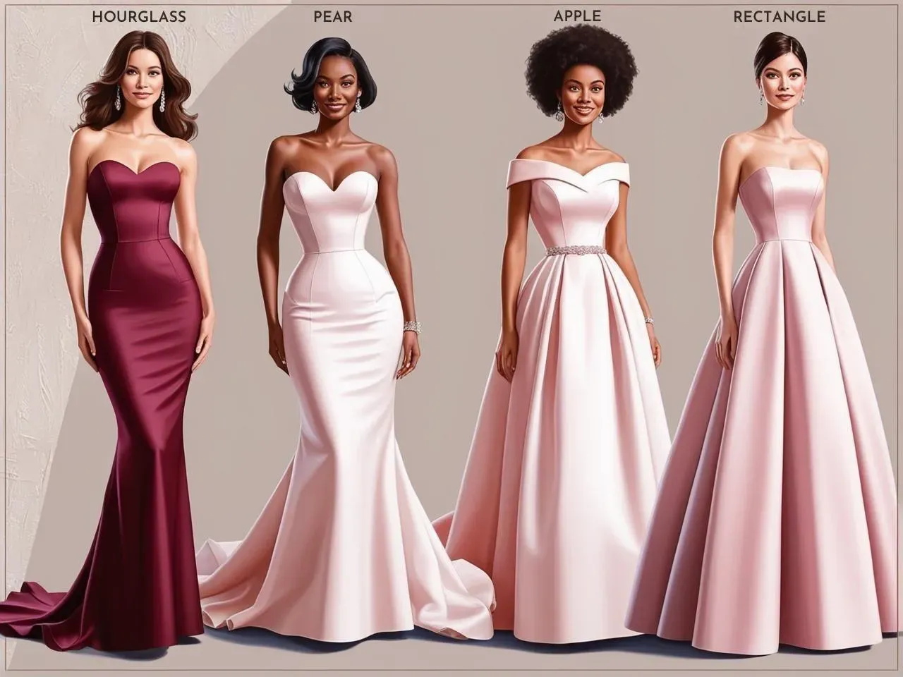Illustrated guide comparing wedding dress silhouettes across different body types including hourglass, pear, apple, and rectangle.