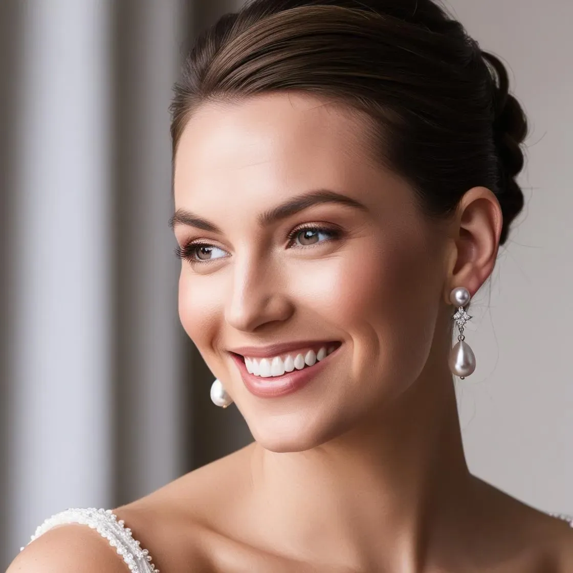 Cultured freshwater pearl drop earrings suspended from delicate gold leverback clasps