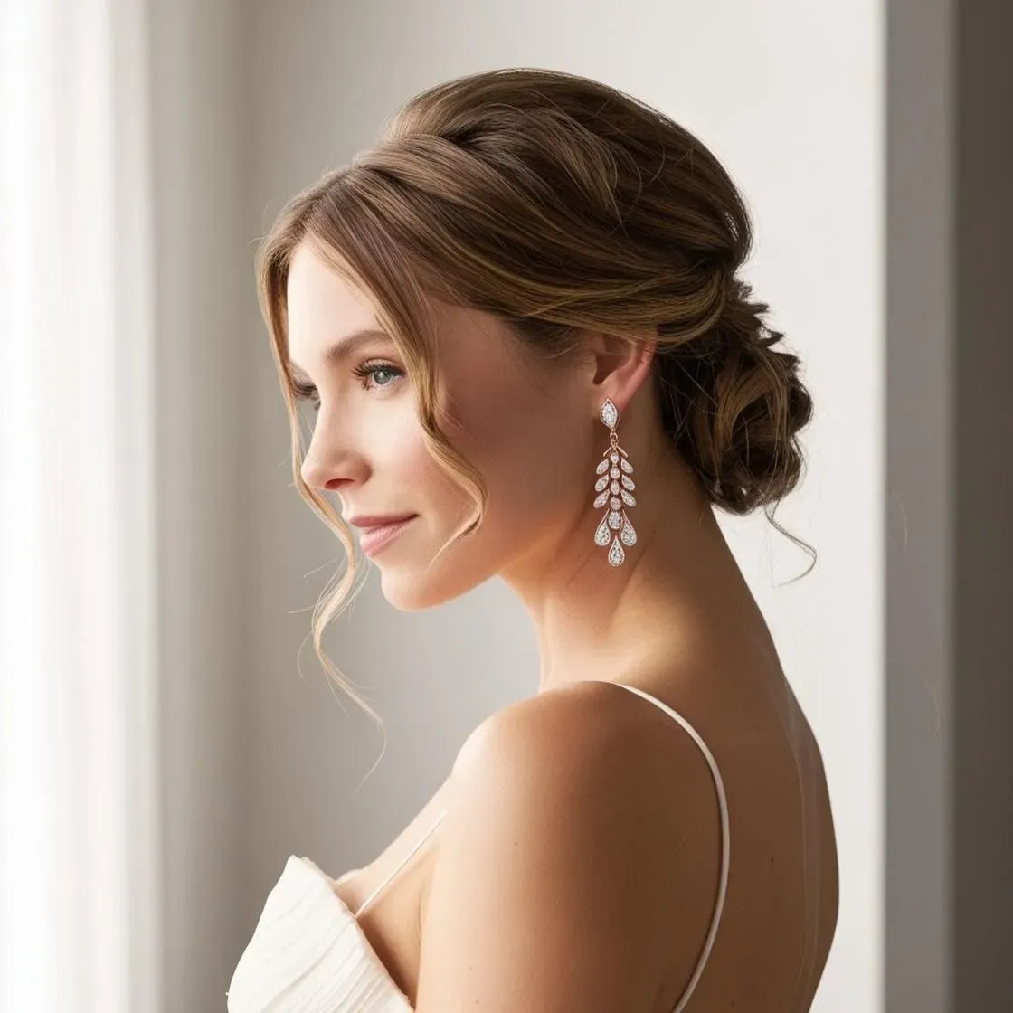 Close-up of bridal statement earrings and coordinating fine jewelry accessories