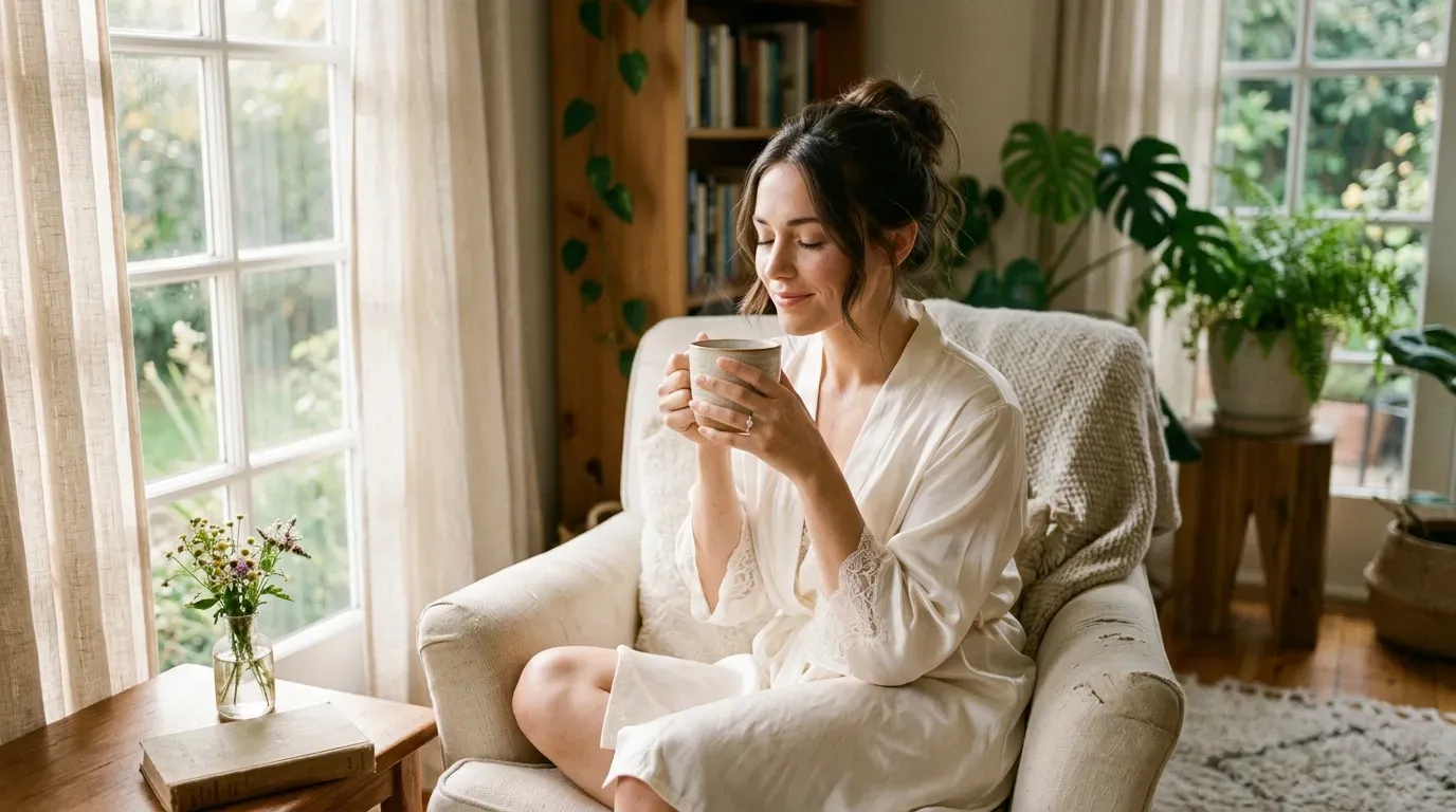 Bride relaxing with a cup of tea