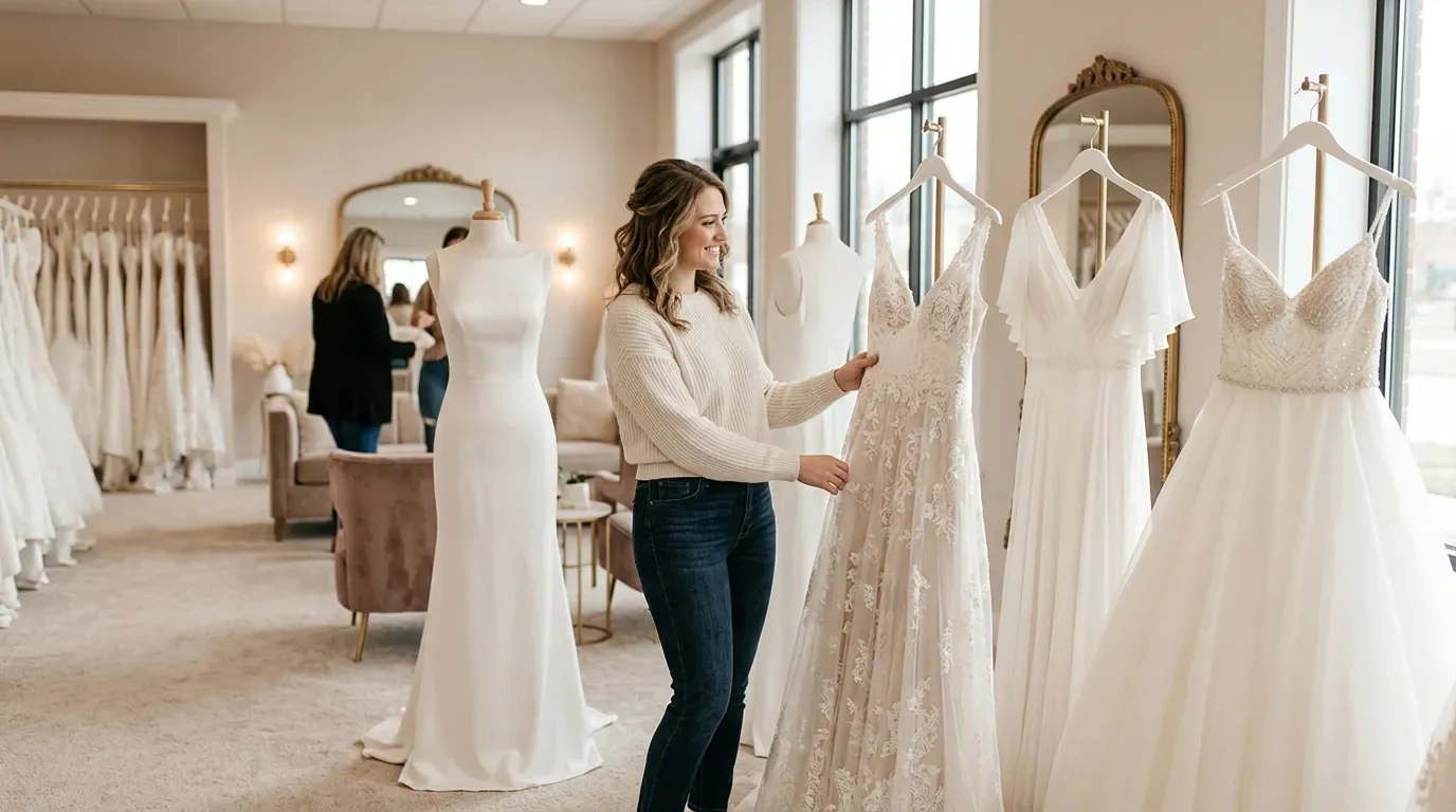 Bride admiring a wedding gown in a boutique