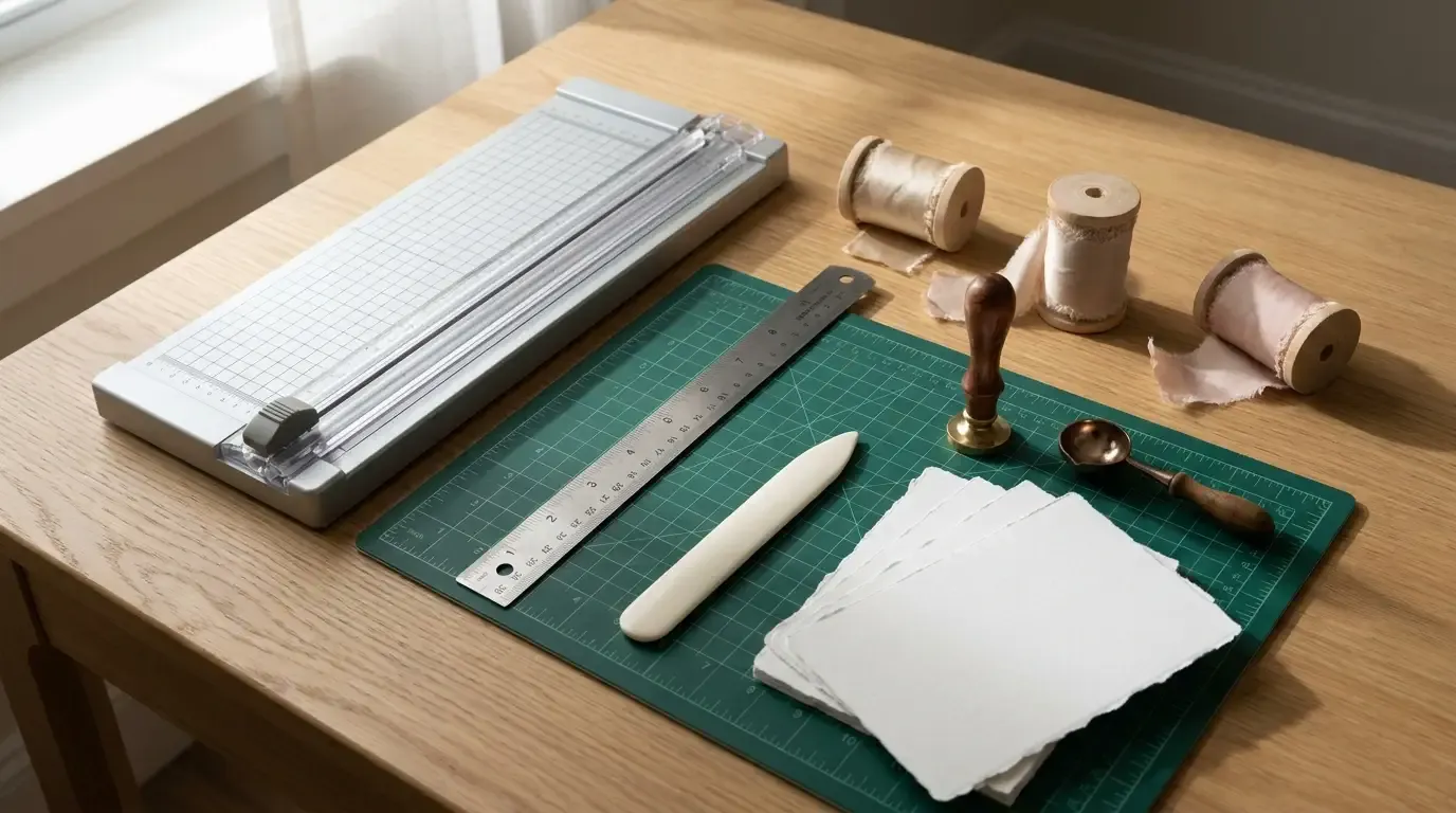 Flat lay of DIY wedding invitation craft tools, rotary paper trimmer, cutting mat, bone folder, cardstock swatches, and ribbon on a wooden table