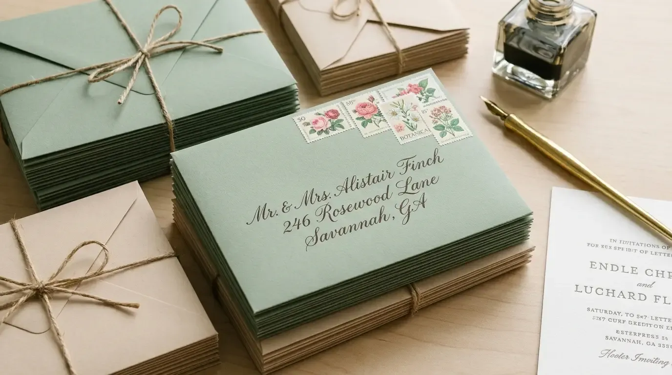 Stacked handmade wedding invitation suites and addressed envelopes tied with twine ready for postal mailing