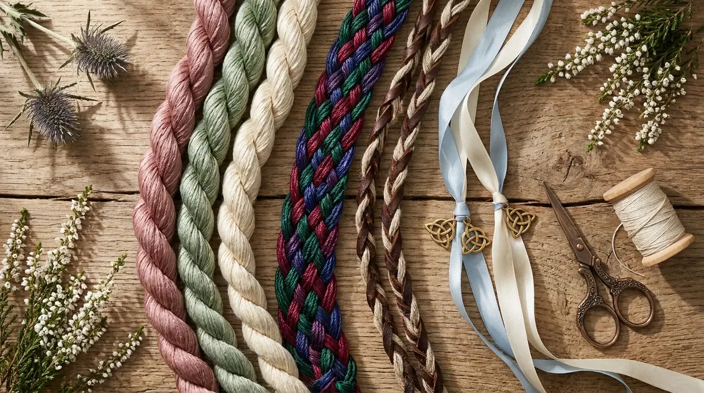 Curated collection of colorful handfasting ribbons and braided cords arranged on a table