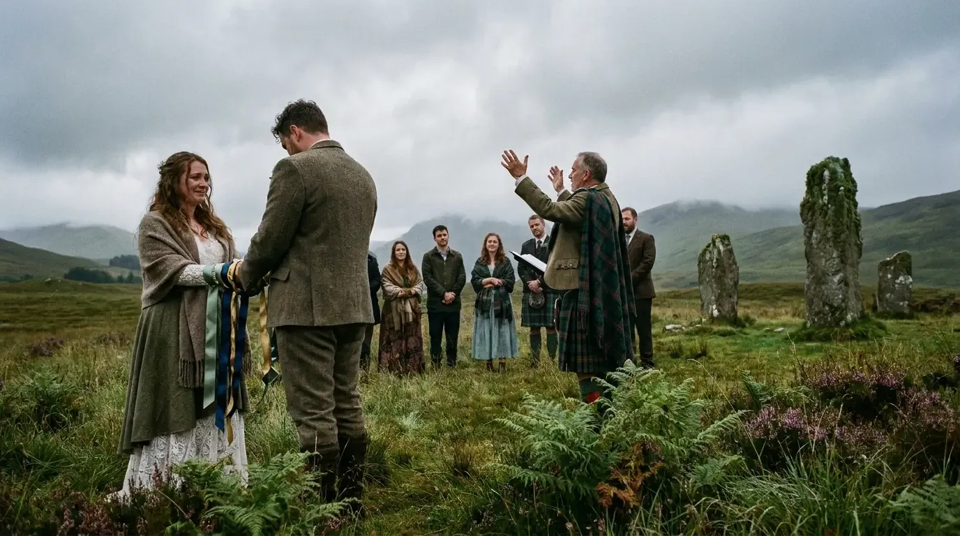 A couple participating in an outdoor Celtic handfasting ceremony with cords wrapped around their wrists