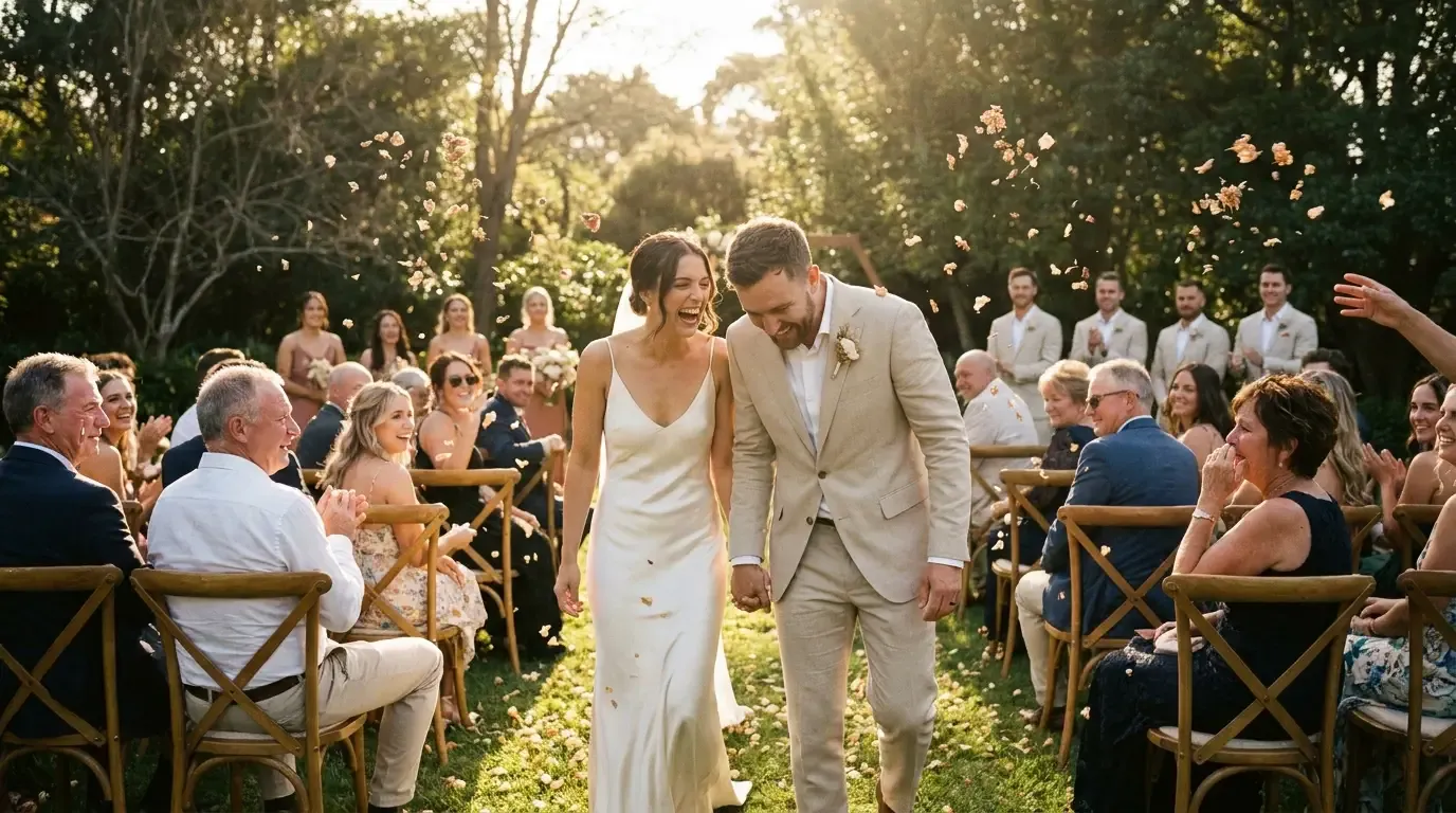 A bride and groom walking down a sunny garden ceremony aisle surrounded by close family cheering and throwing petal confetti