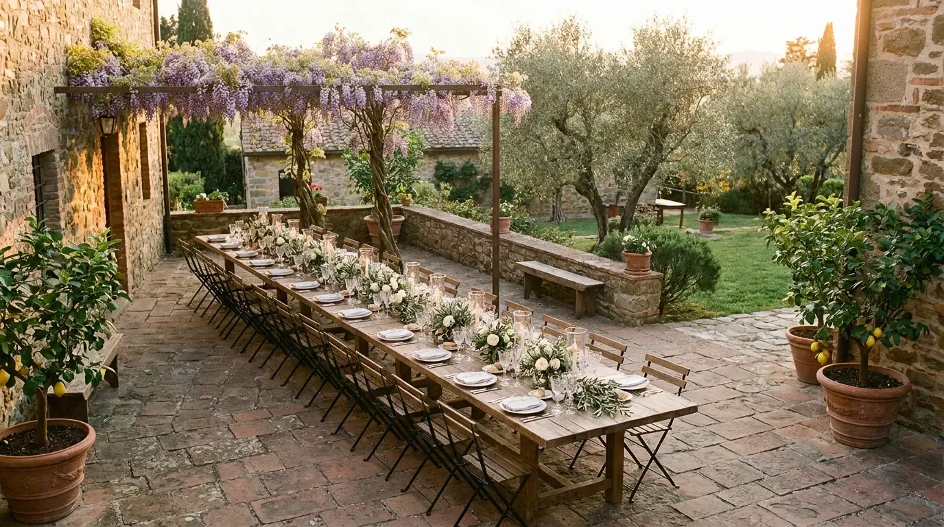 An intimate garden courtyard reception with a long wooden banquet table set for thirty guests under a wisteria pergola