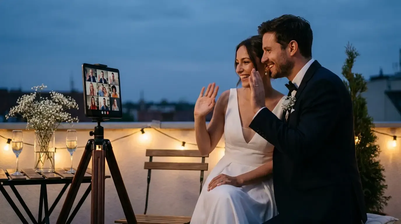 A bride and groom on a twilight terrace smiling and waving at a tablet streaming their ceremony to remote loved ones