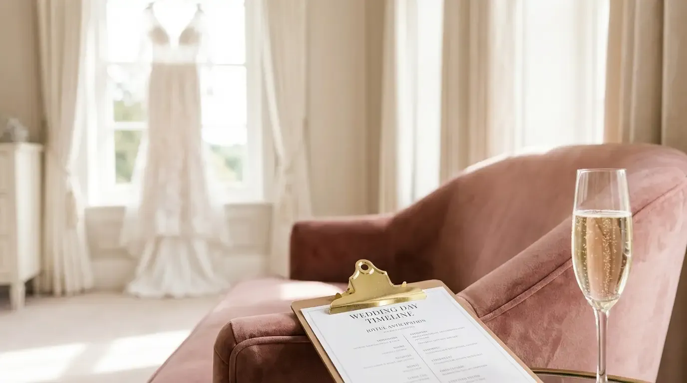 Detailed wedding day schedule and timeline breakdown on a clipboard