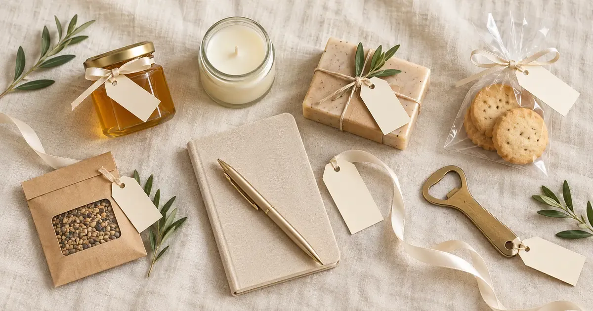 Flatlay of honey, a candle, soap, biscuits, seed packets, a notebook and pen, and a bottle opener with wedding favor tags
