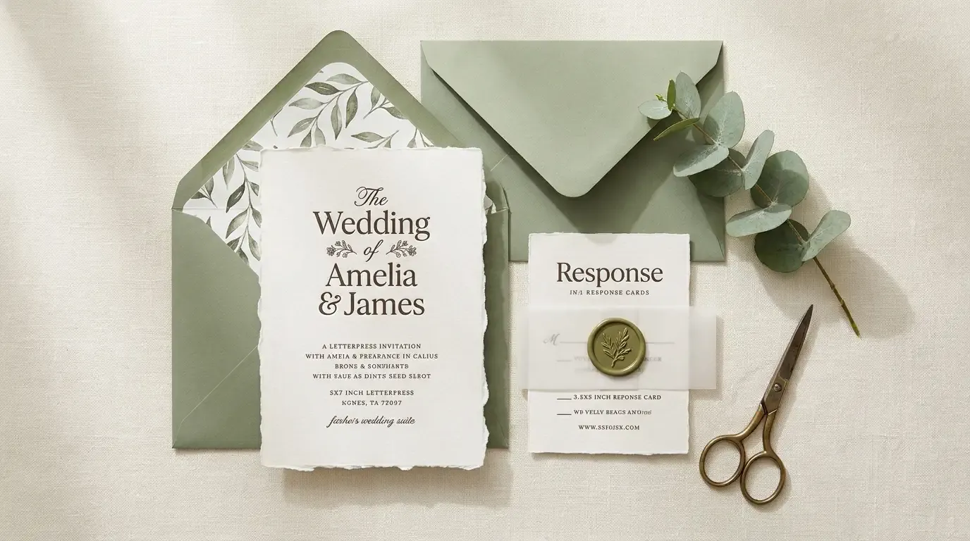 Sage green and ivory DIY wedding invitation suite featuring 5x7 main card, botanical leaf envelope liner, response card, and wax seal belly band