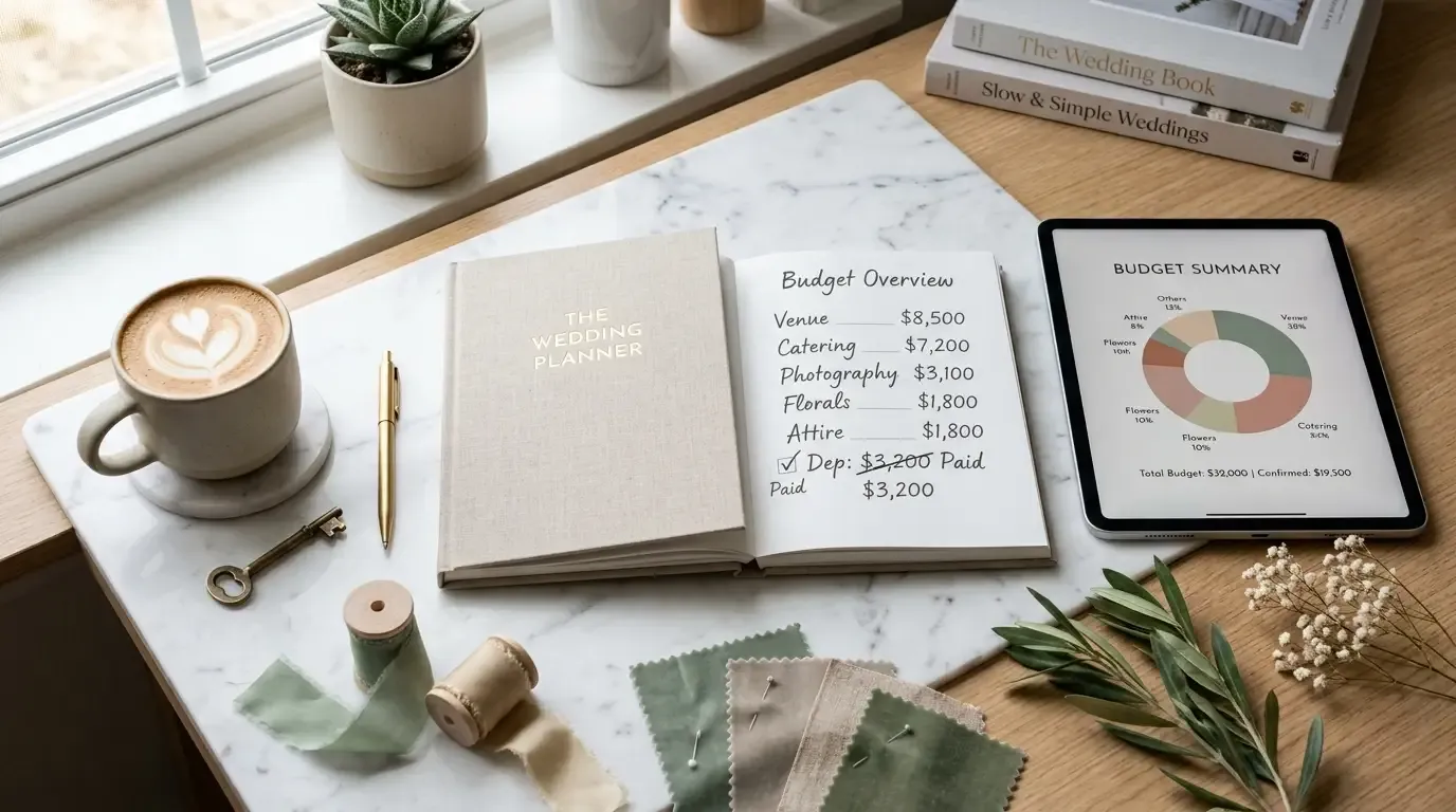 An aesthetic wedding planning desk flat-lay with an open linen budgeting notebook, tablet calculator, coffee, and botanical ribbon accents