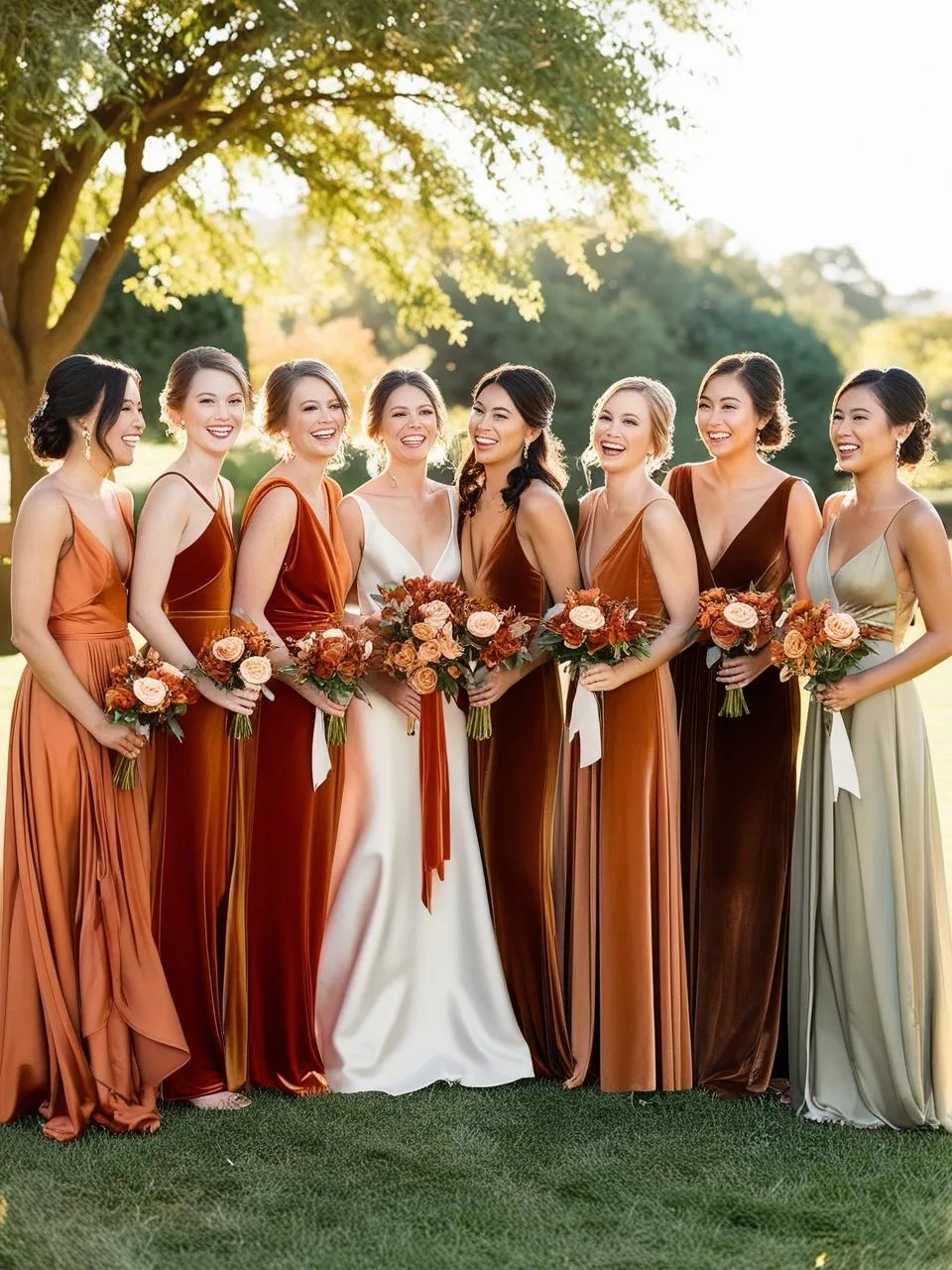 Bridesmaids wearing burnt orange mismatched dresses in complementary shades (sage green, beige)