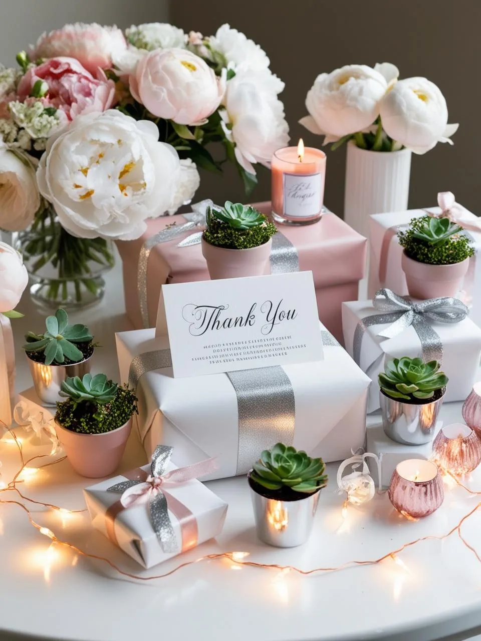 Gift table with personalized favors, mini succulents, custom candles and small gift bags tied with ribbon