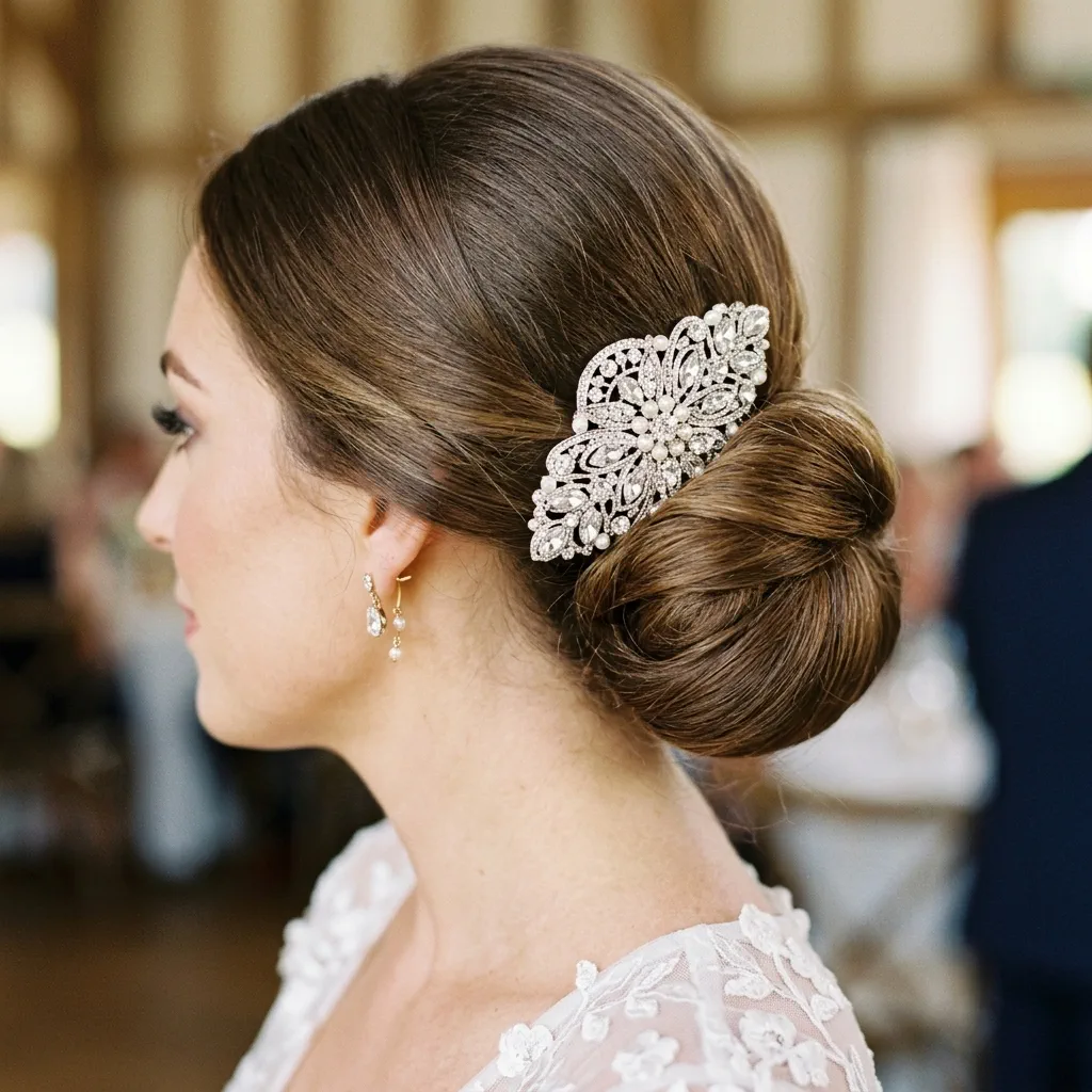 A vintage-inspired Anthropologie rhinestone comb tucked effortlessly above a classic low bun.