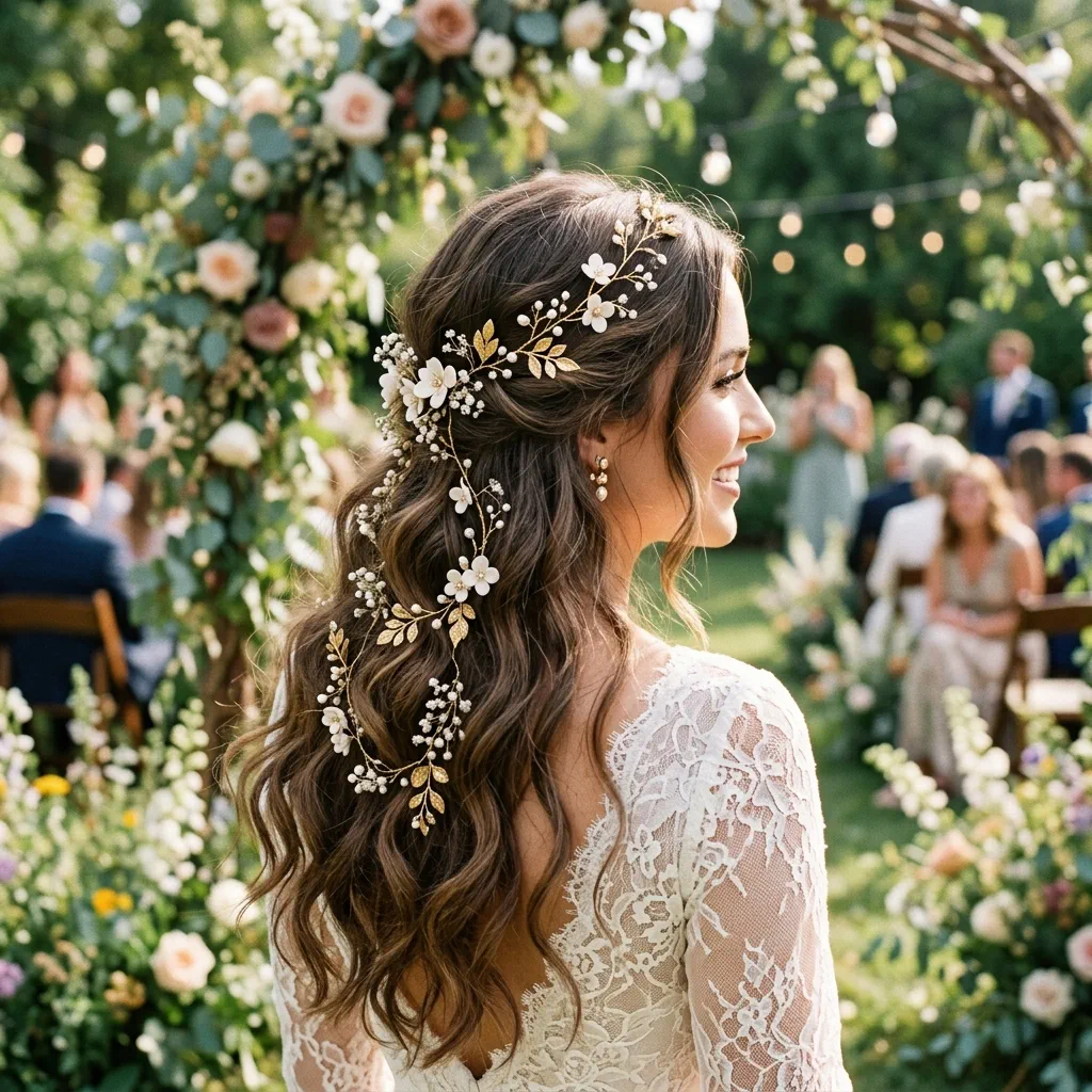 A flexible BHLDN floral hair vine woven into loose waves, perfect for an ethereal outdoor ceremony.