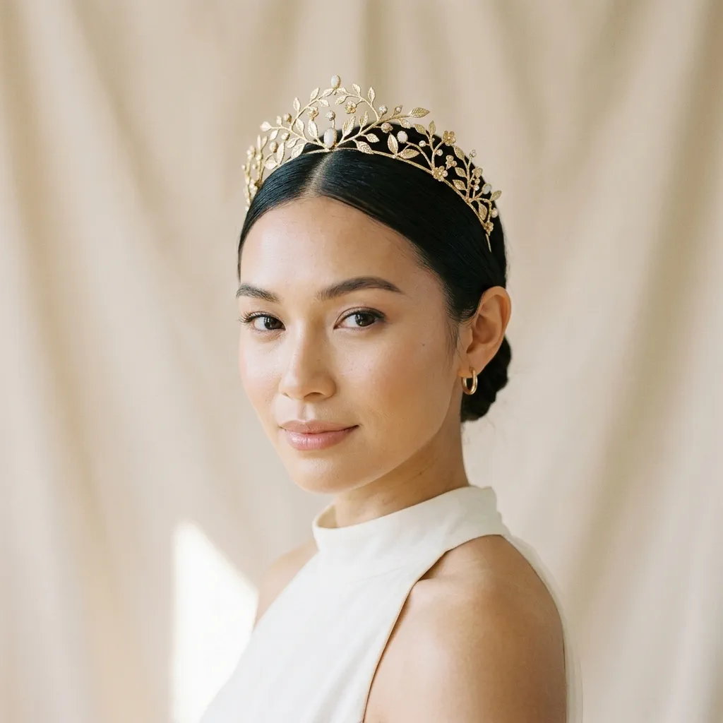 The Olivia The Wolf Gold Crown provides a striking, modern architectural silhouette without the bulk of a traditional tiara.