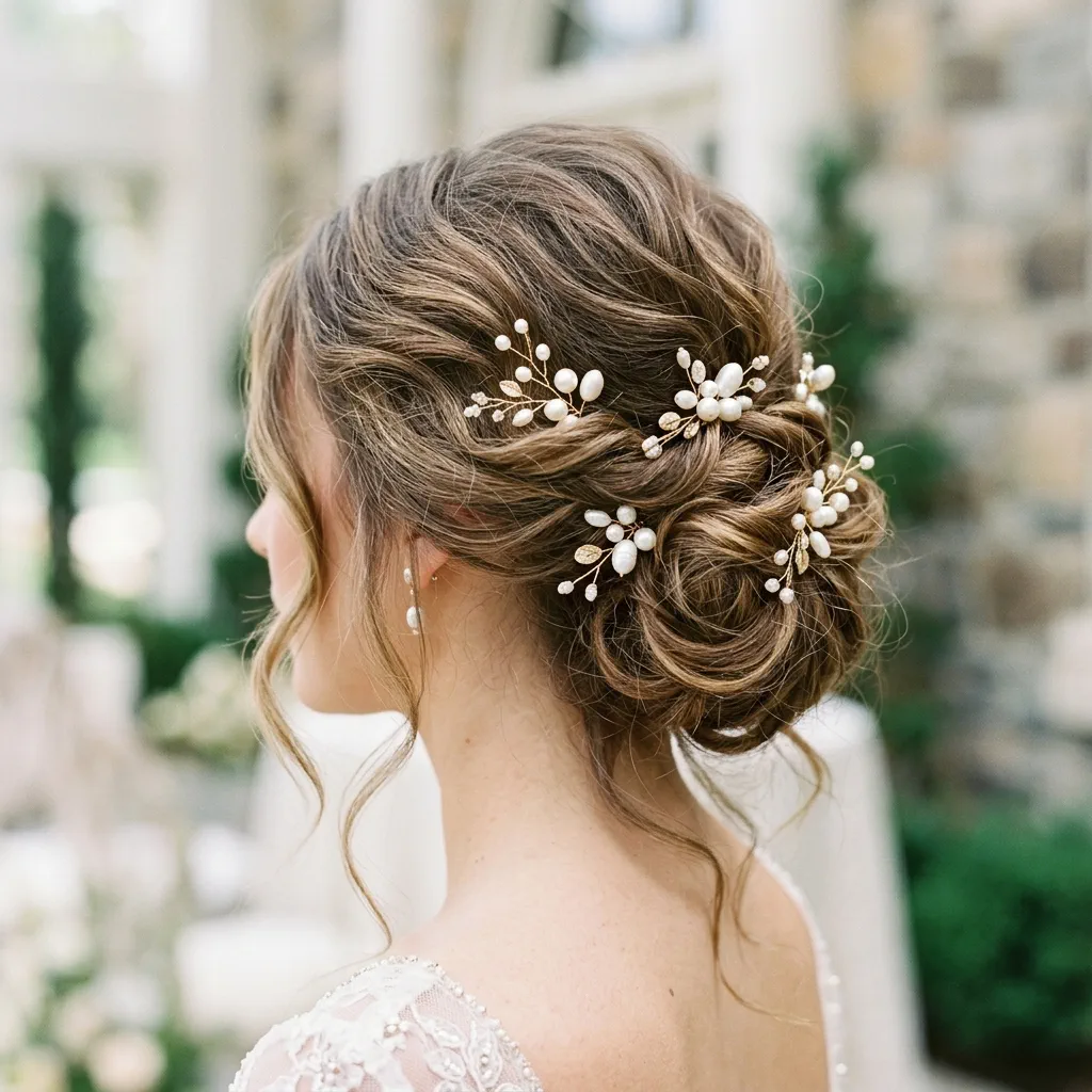 Delicate Twigs & Honey pearl hair pins scattered elegantly through a romantic bridal chignon.