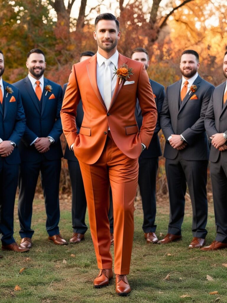 A groom wearing burnt orange suit, groomsmen wear classic navy or charcoal suits
