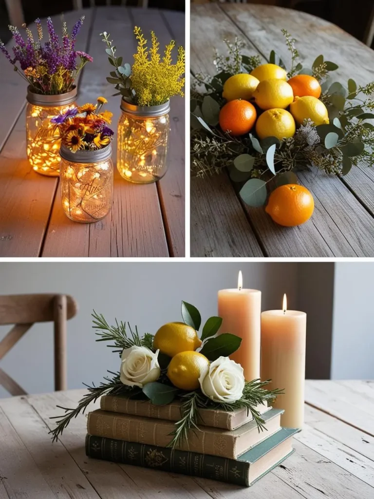 A rustic wooden table with three DIY centerpiece ideas: mason jars filled with wildflowers, citrus fruits paired with candles, and vintage books topped with bouquets.