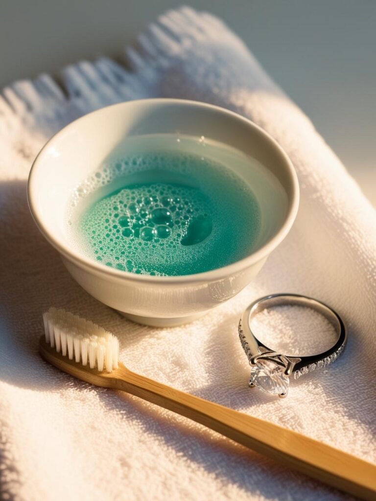 A wedding ring beside cleaning supplies, demonstrating proper care and maintenance techniques