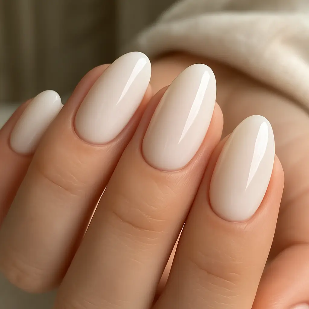 Almond shaped milky white wedding nails
