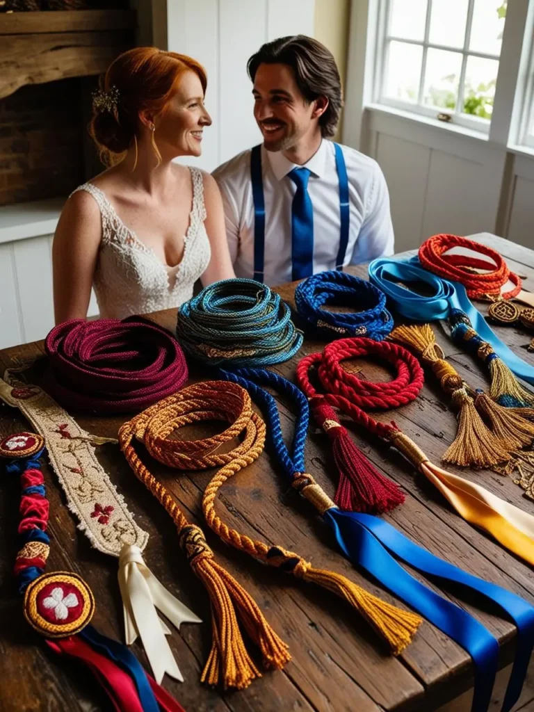 A couple preparing for a handfasting ceremony, selecting meaningful cords and ribbons on a rustic table, surrounded by vibrant textiles, family heirlooms, and handmade items, with sunlight illuminating the scene.
